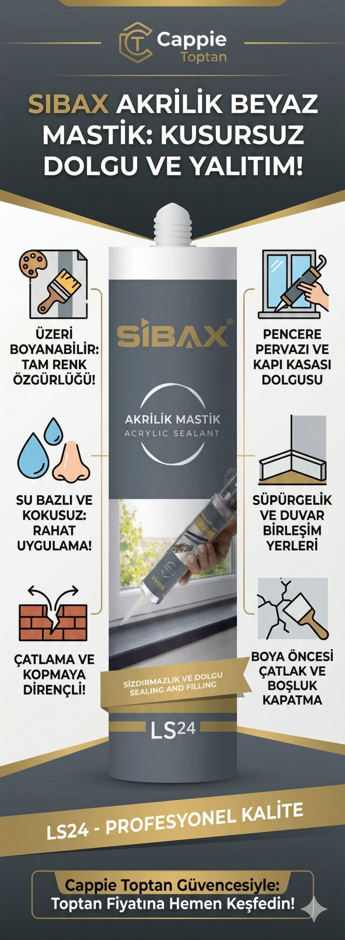 Sibax Akrilik Beyaz Mastik 450 Gr. - Boyanabilir Sızdırmaz Dolgu