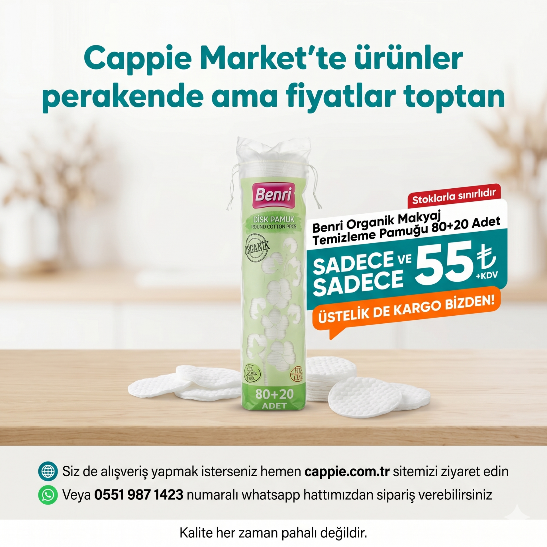 Benri Organik Makyaj Temizleme Pamuğu 80+20 Adet